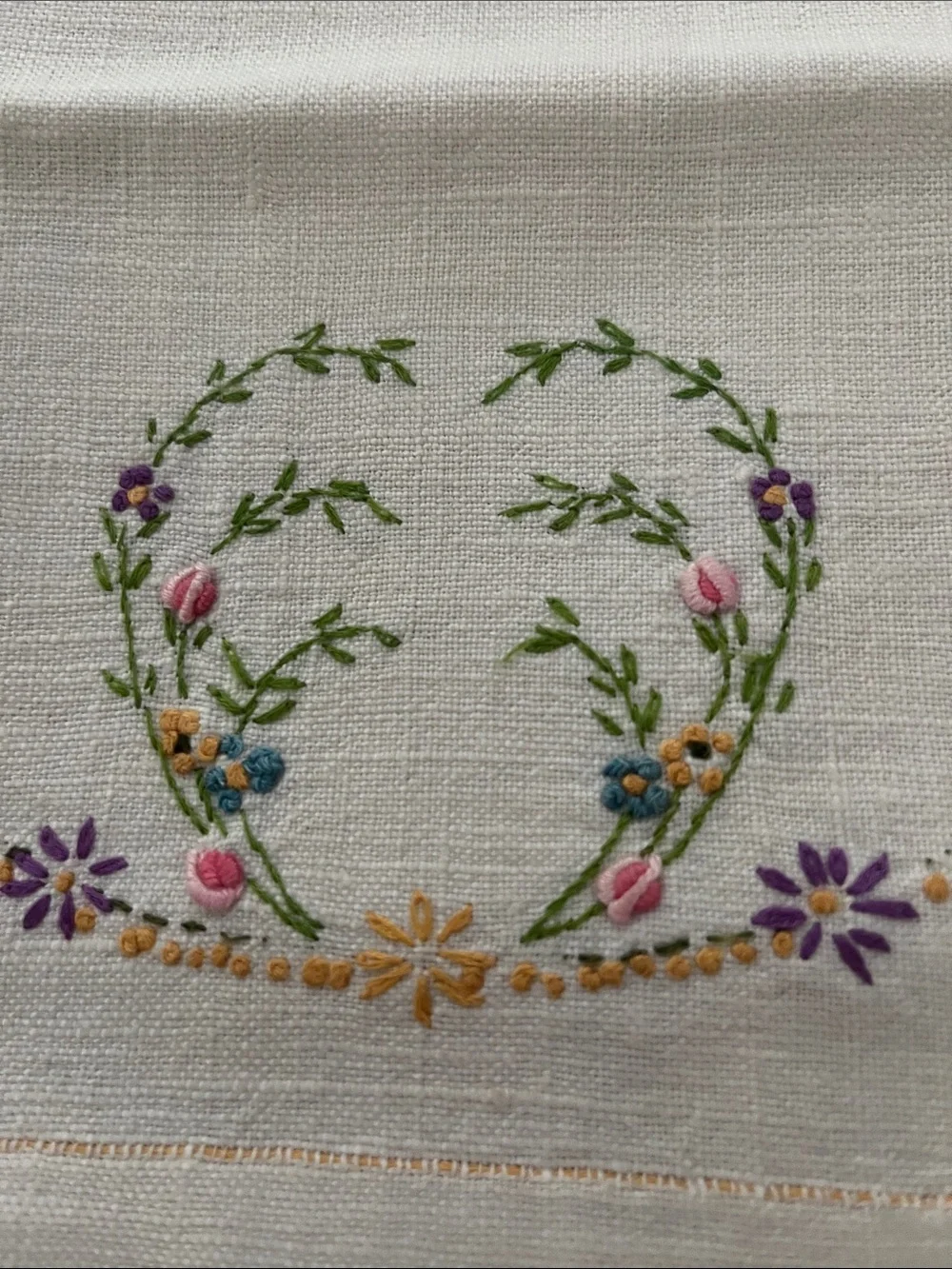 Embroidered Floral Linen Towel in White with Multicolor Flowers